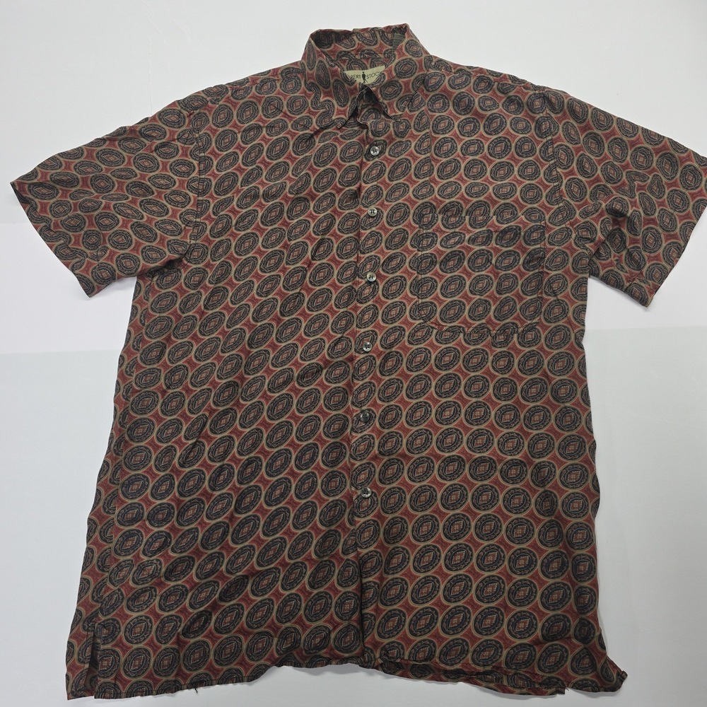 Robert Stock Mens Small Vintage 100% Silk Short Sleeve Button Up Shirt Geometric